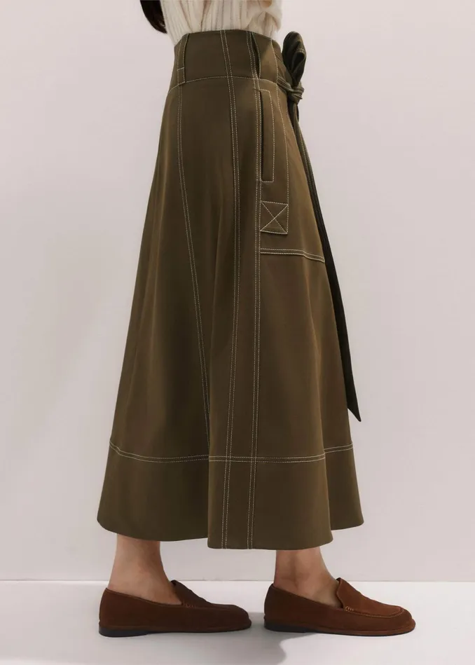 Women Twill Contrast Stitch Maxi Skirt Duffle Green MEEM
