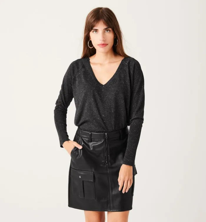 Women VNeck Glitzy Jumper 8211 Dark Grey Promod Jumpers And Cardigans