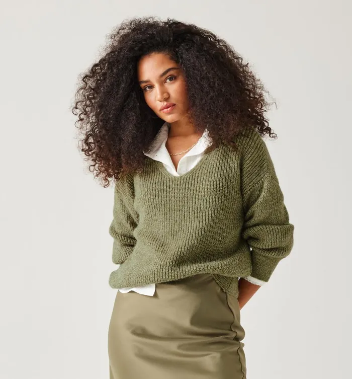 Women VNeck Ribbed Jumper 8211 Khaki Promod Jumpers And Cardigans
