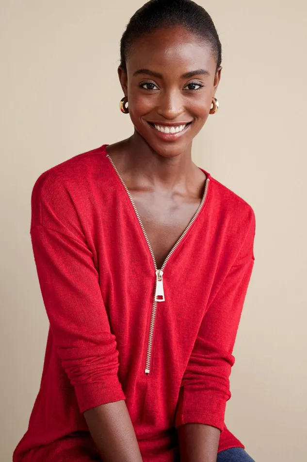 Women Valentina Zip Sweater Sangria Red Soft Surroundings Tops