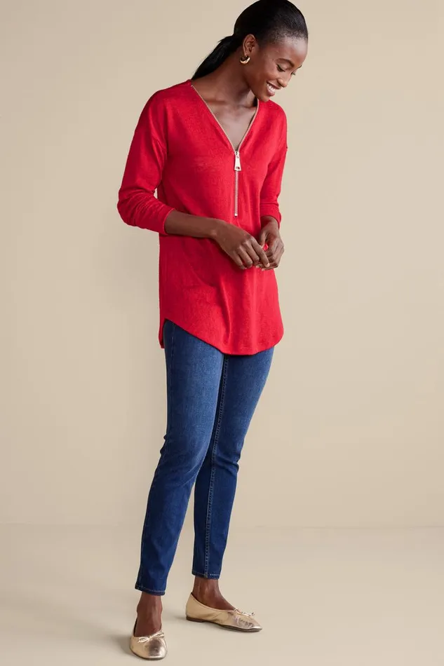 Women Valentina Zip Sweater Sangria Red Soft Surroundings Tops