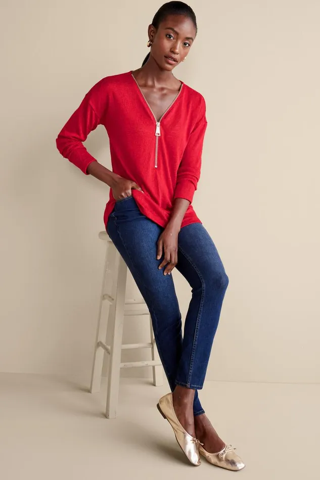 Women Valentina Zip Sweater Sangria Red Soft Surroundings Tops