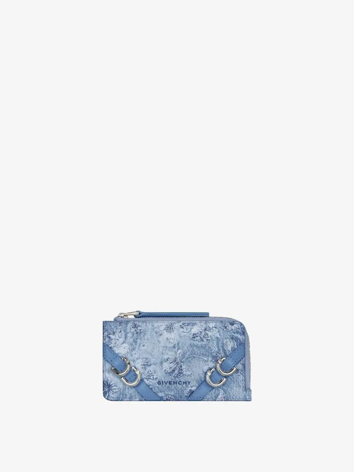 Women Wallets and Card Holders Givenchy Voyou Zipped Card Holder In Washed Embroidered Denim Medium Blue