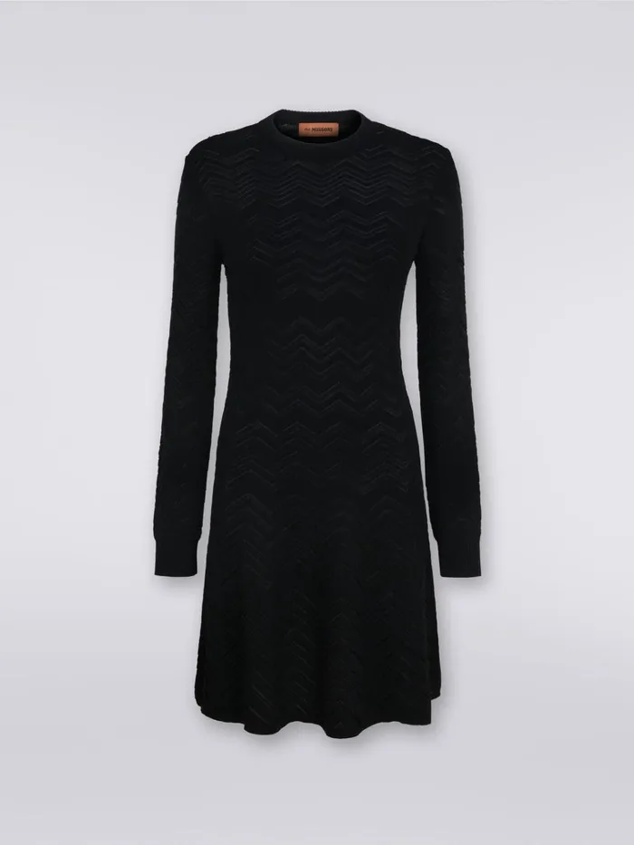Women Wool And Viscose Blend EnglishRibbed CrewNeck Dress Black Missoni Dresses