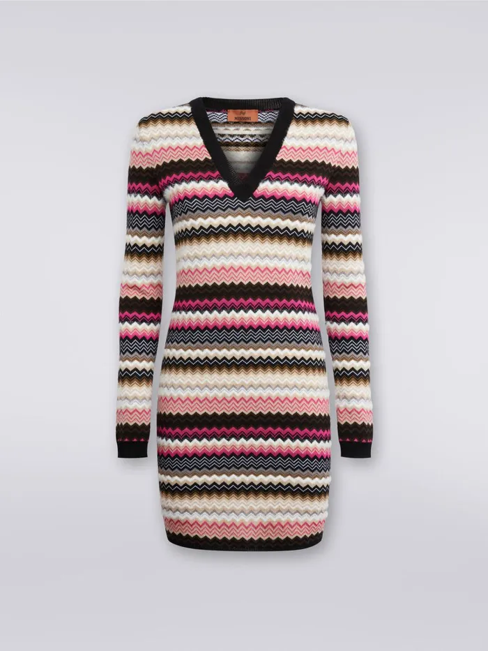 Women Wool Blend VNeck Mini Dress With Zigzag Weave Multicoloured Missoni Dresses