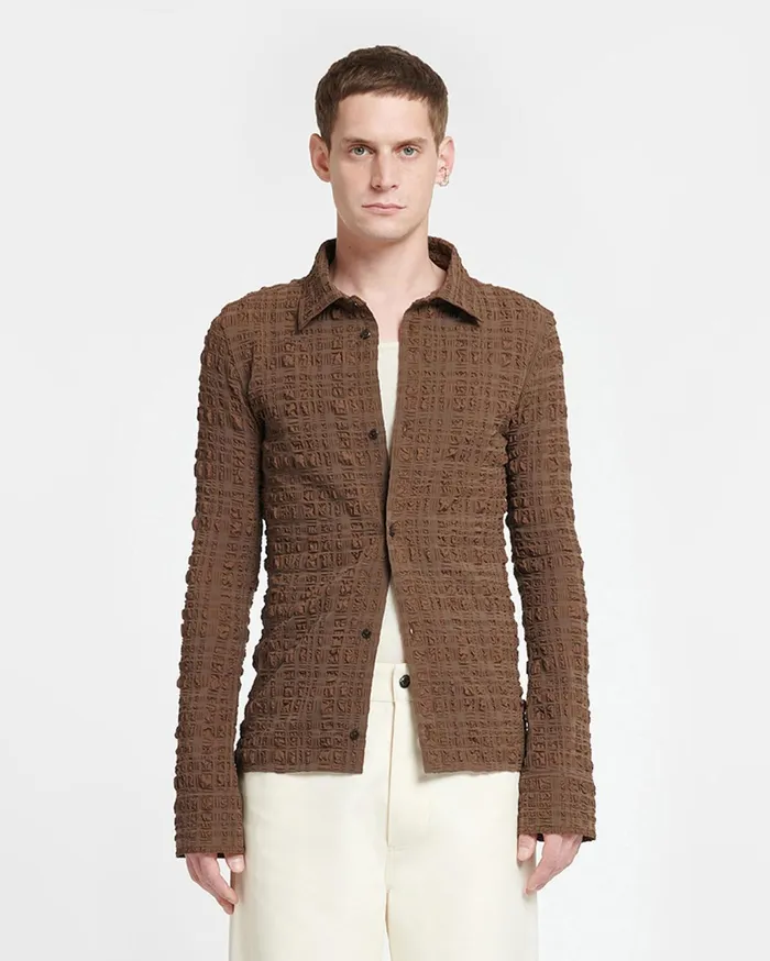 Zeph Seersucker Shirt Dark Brown Men Nanushka Tops